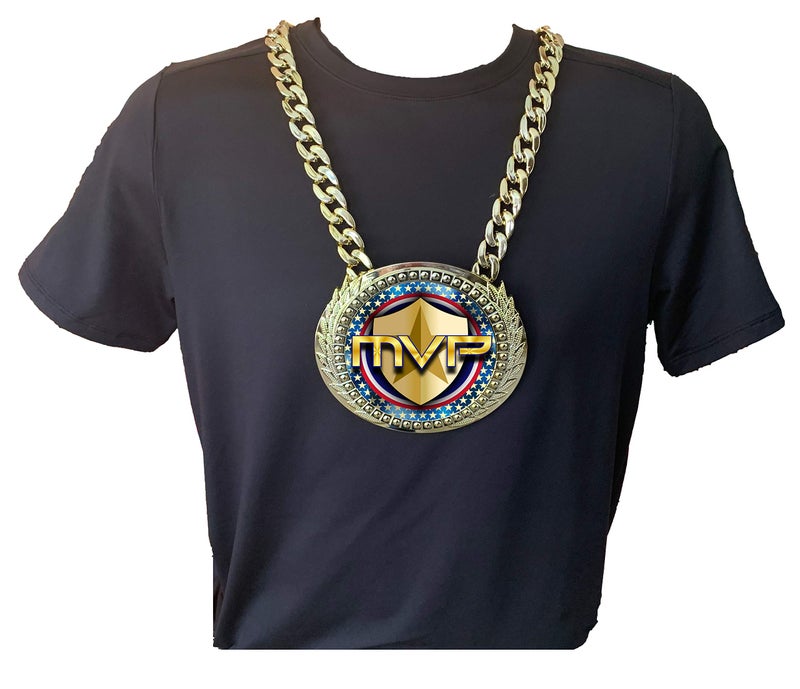 Express Medals MVP Most Valuable Player Champ Chain Trophy Award with a Center Plastic Plaque Plate Measuring 6 by 5.25 Inches and Includes a 34 Inch Plastic Chain with Black Velvet Presentation Bag. - Image 4